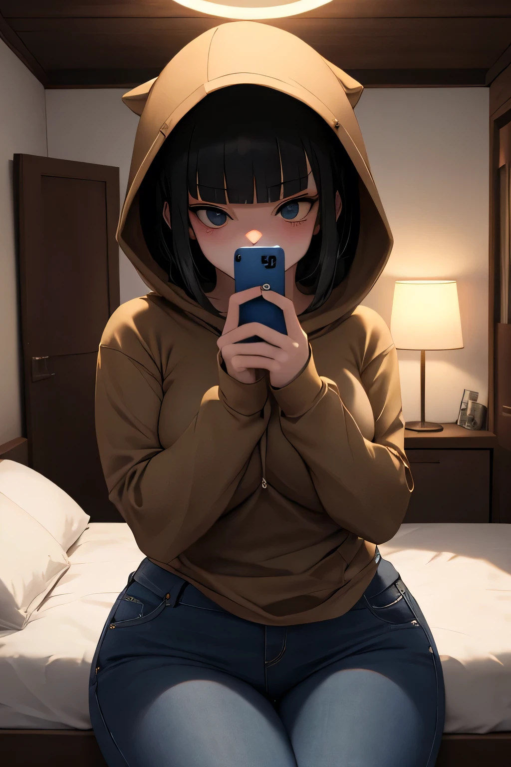 Masterpiece, Best Quality, Coloured image,Hi-Res, source_anime, (good_hands:0.9) , 1girl, black eyes, focused eyes, black coloured hair, long hair, blunt bangs, hoodie, brown hoodie, medium breast, curvy body, blue jeans, looking at viewer, selfie, mirror selfie, holding phone, High Contrast Glossy Oily Skin, bedroom,  shy ,scared, dramatic shadows, cinematic lamp lighting, (light particles:0.8)