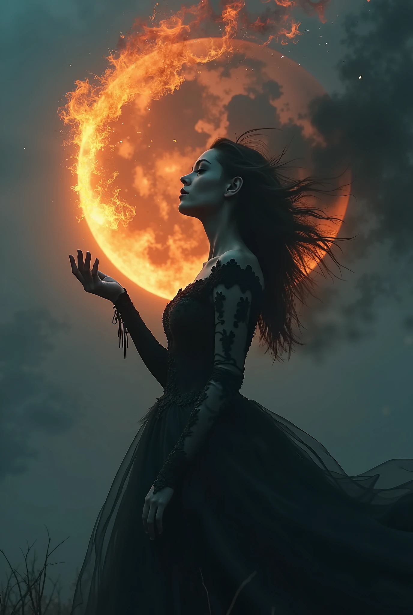 Detailed moment.Lady full in dress make frome dark smoke material, her eyes turn up,  pale skin, ((Main focus the Lady turn up her hand and from air in her hand fall burning rose)). Location  magical splash from destroying moon in air, epic effect of destroying moon on piesec, ((шедевр, высочайшего качества, Максимальное качество изображения, высокое разрешение, фотореалистичный, RAW-фото, чрезвычайно детальная объединенная 8k обоина CG))