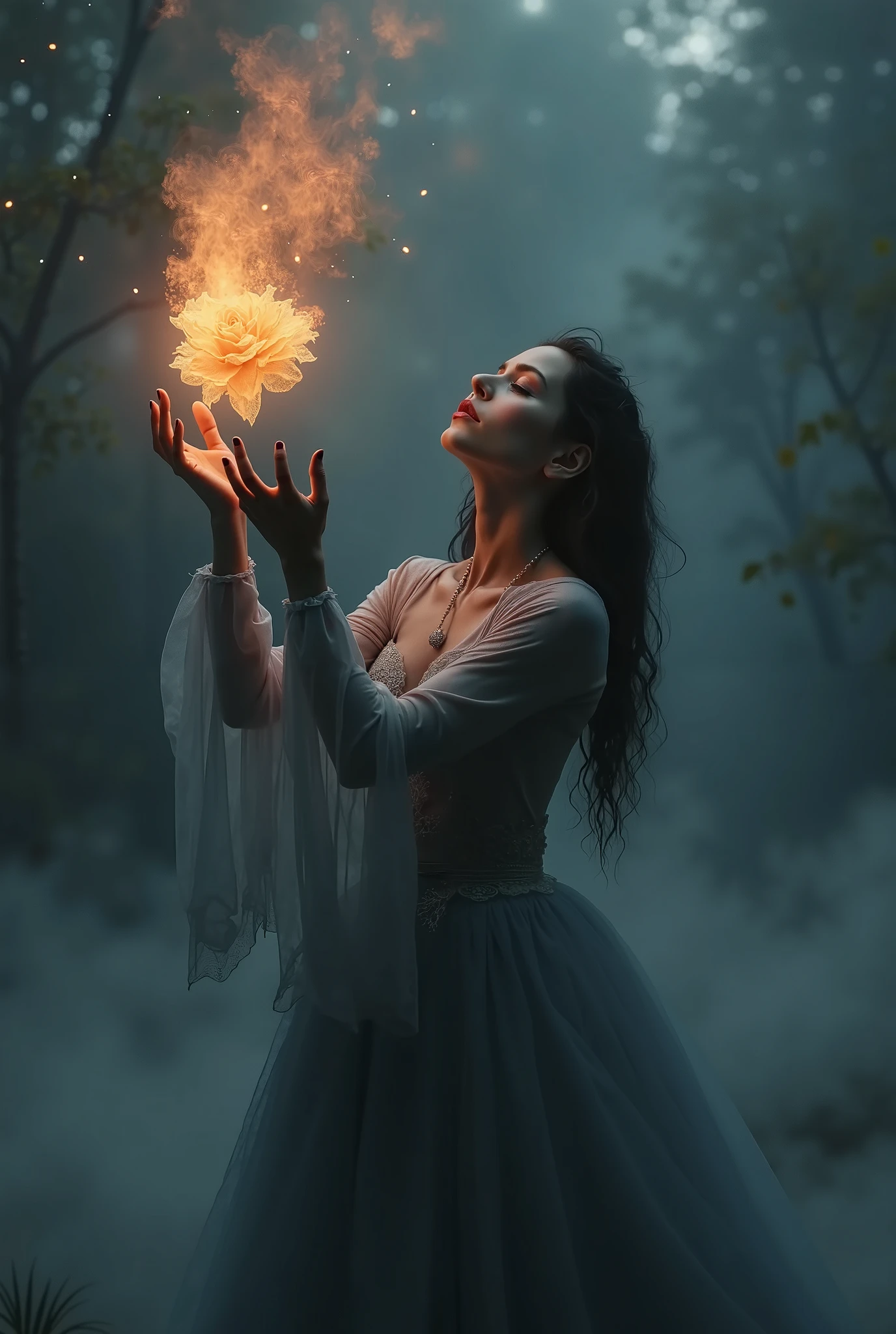 Detailed moment.Lady full in dress make frome dark smoke material, her eyes turn up,  pale skin, ((Main focus the Lady turn up her hand and from air in her hand fall burning rose)). Location  magical splash from destroying moon in air, epic effect of destroying moon on piesec, ((шедевр, высочайшего качества, Максимальное качество изображения, высокое разрешение, фотореалистичный, RAW-фото, чрезвычайно детальная объединенная 8k обоина CG))