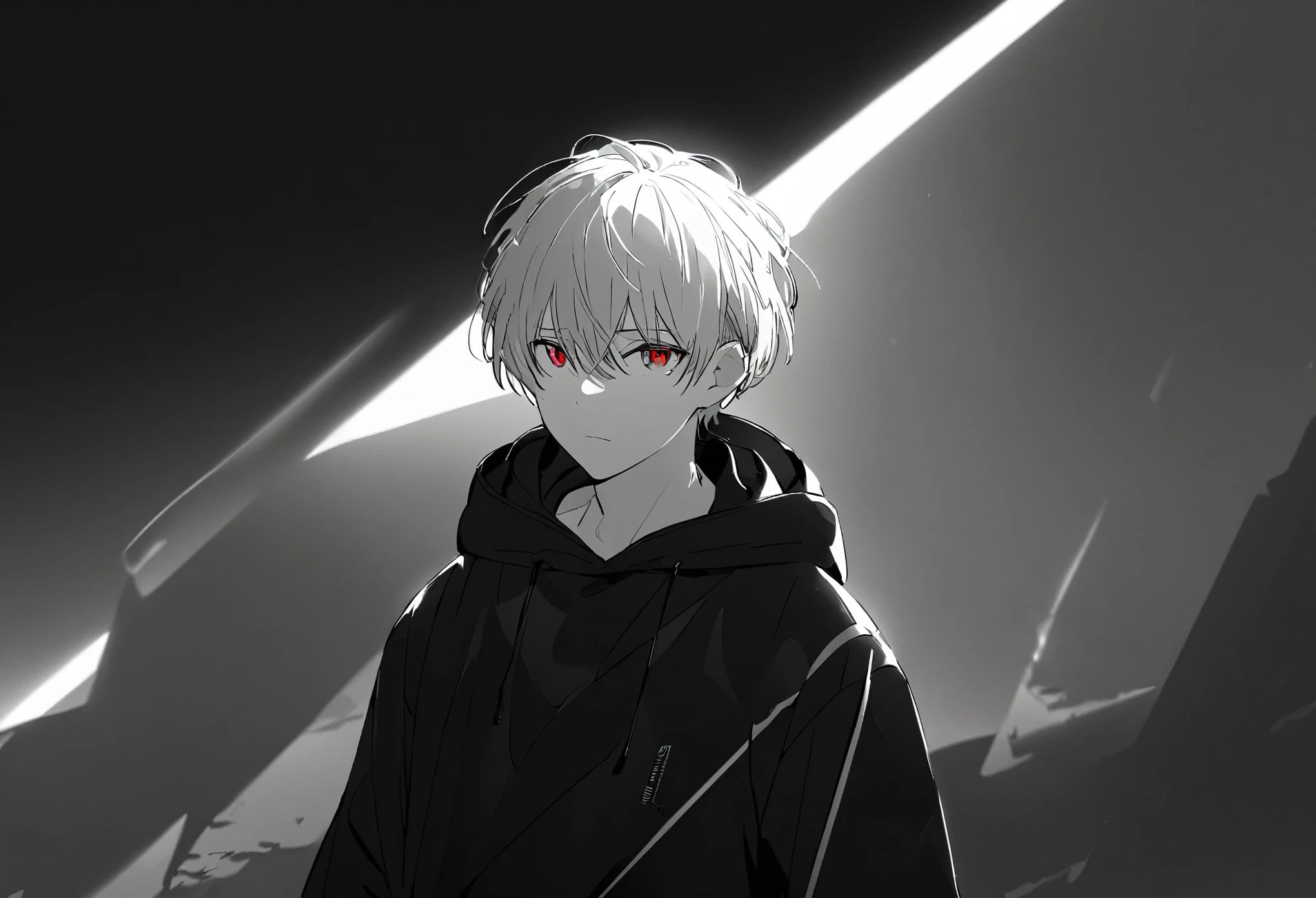  handsome, Alone, 1 male, Gray Hair, Red eyes,  Long Sleeve ,  black hooded hoodie, noon, White Light,cute目, Short Hairstyle ,cute,Falling from the sky,Black and white background,White and black colors,Monochrome scenery, bright , looking at the camera,