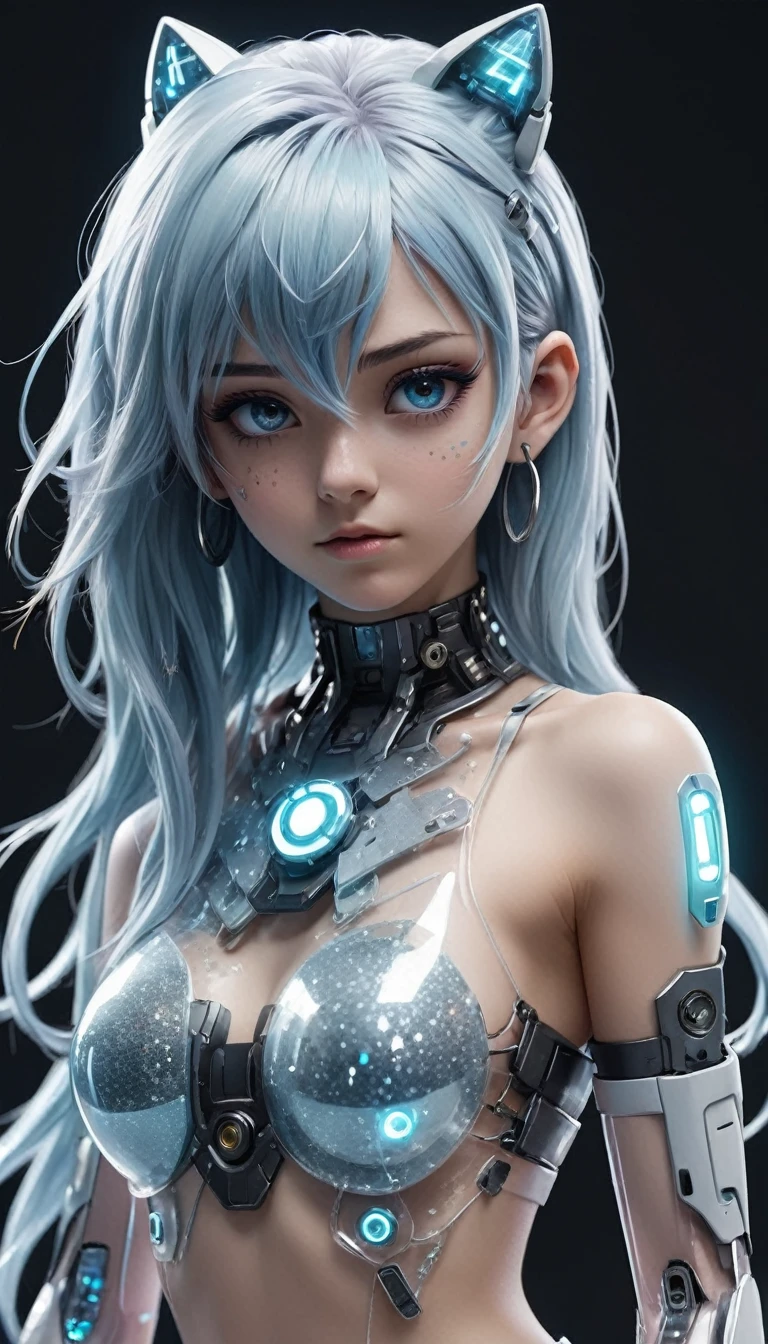 3d anime,future,cyberpunk,transparent,light blue hair,white,glitter,silver,3d anime,full body