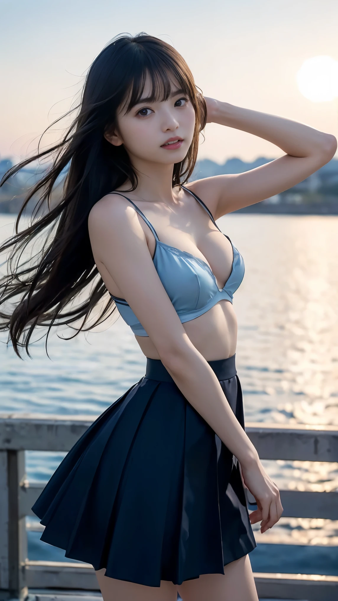 A woman stands on the beach with her hair blowing in the wind, Korean Girl, ulzzang, beautiful south korean woman, asian girl with long hair, with long hair, Beautiful young korean woman, Gorgeous young Korean woman, Korean Woman, 8k selfie photograph, sakimichan, Young and cute girl, 19yo girl