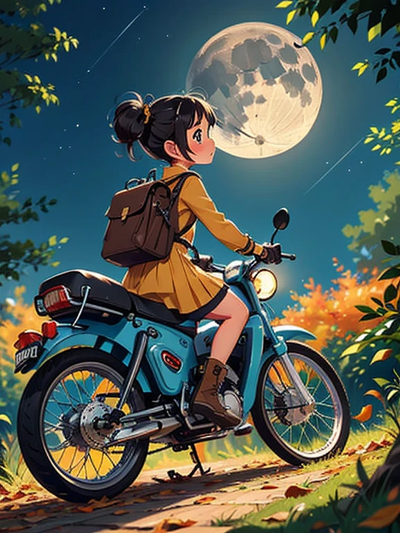 32K， UHD high resolution    ，Octane rendering，Steampunk，(  hyper-detail : 1.2)，  young girl riding a super cub  、knight，cute，Very short，   The Temptation of Toddler Figures   ，  very thin thighs，  loading lots of luggage into the yellow super cub，   long sleeve short dress  ，  medium length twin tails  ，  black hair，goggles，  black boots，Super Cub Details，Heading to the campsite  ，  mid-range shot from behind  ，Autumn night sky，  fallen leaves discharge from the vagina ，moon，
