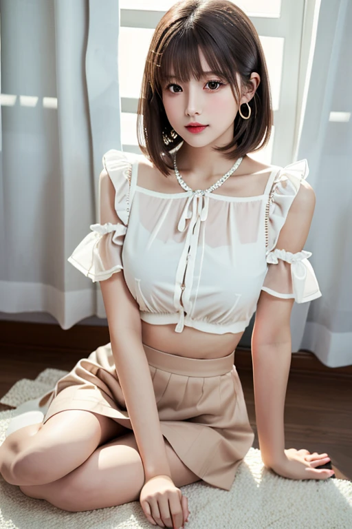((Masterpiece)), 8k, Masterpiece, Highest Quality, 1 Girl, Solo, Realistic, Garden, Photorealistic, Super Detailed, Detailed Background, (Solo: 1.4), Happy Expression, Slender Body, Realistic Highly detailed long hair, intricate details, masterpiece, top quality, waist shot, (flowery garden background)), smile, ((looking at camera)), earrings, long straight hair, asymmetrical bangs, natural chest ,