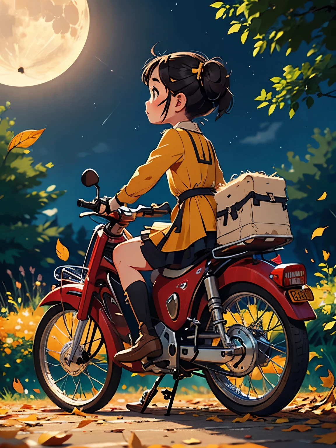 32K， UHD high resolution    ，Octane rendering，Steampunk，(  hyper-detail : 1.2)，  young girl riding a super cub  、knight，cute，Very short，   The Temptation of Toddler Figures   ，  very thin thighs，  loading lots of luggage into the yellow super cub，   long sleeve short dress  ，  medium length twin tails  ，  black hair，goggles，  black boots，Super Cub Details，Heading to the campsite  ，  mid-range shot from behind  ，Autumn night sky，  fallen leaves discharge from the vagina ，moon，
