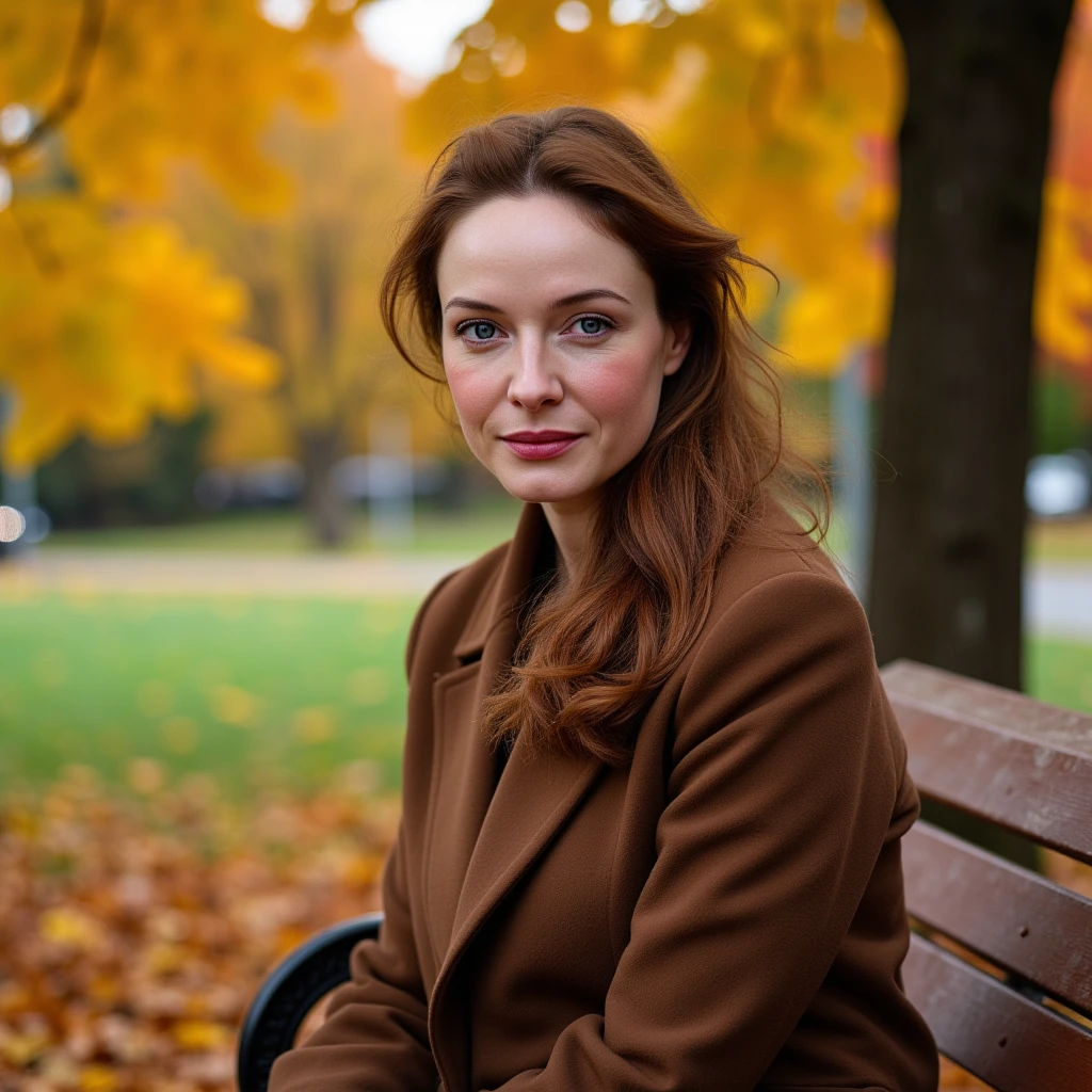 Photo of a middle-aged woman, around 45 years old, sitting on a park bench in autumn. She has fair skin, long wavy brown hair loosely tied back, and faint lines around her eyes and mouth, adding character and warmth to her face. She’s dressed in a stylish, warm coat, suitable for a crisp Russian autumn, with fallen leaves scattered around the bench and ground. The trees in the background have vibrant shades of yellow, orange, and red, creating a cozy, seasonal atmosphere. She sits with a serene expression, her gaze soft and thoughtful, as if reflecting or observing the peaceful surroundings. The lighting is natural, with soft sunlight filtering through the trees, casting gentle shadows and enhancing the warmth of the autumn colors.