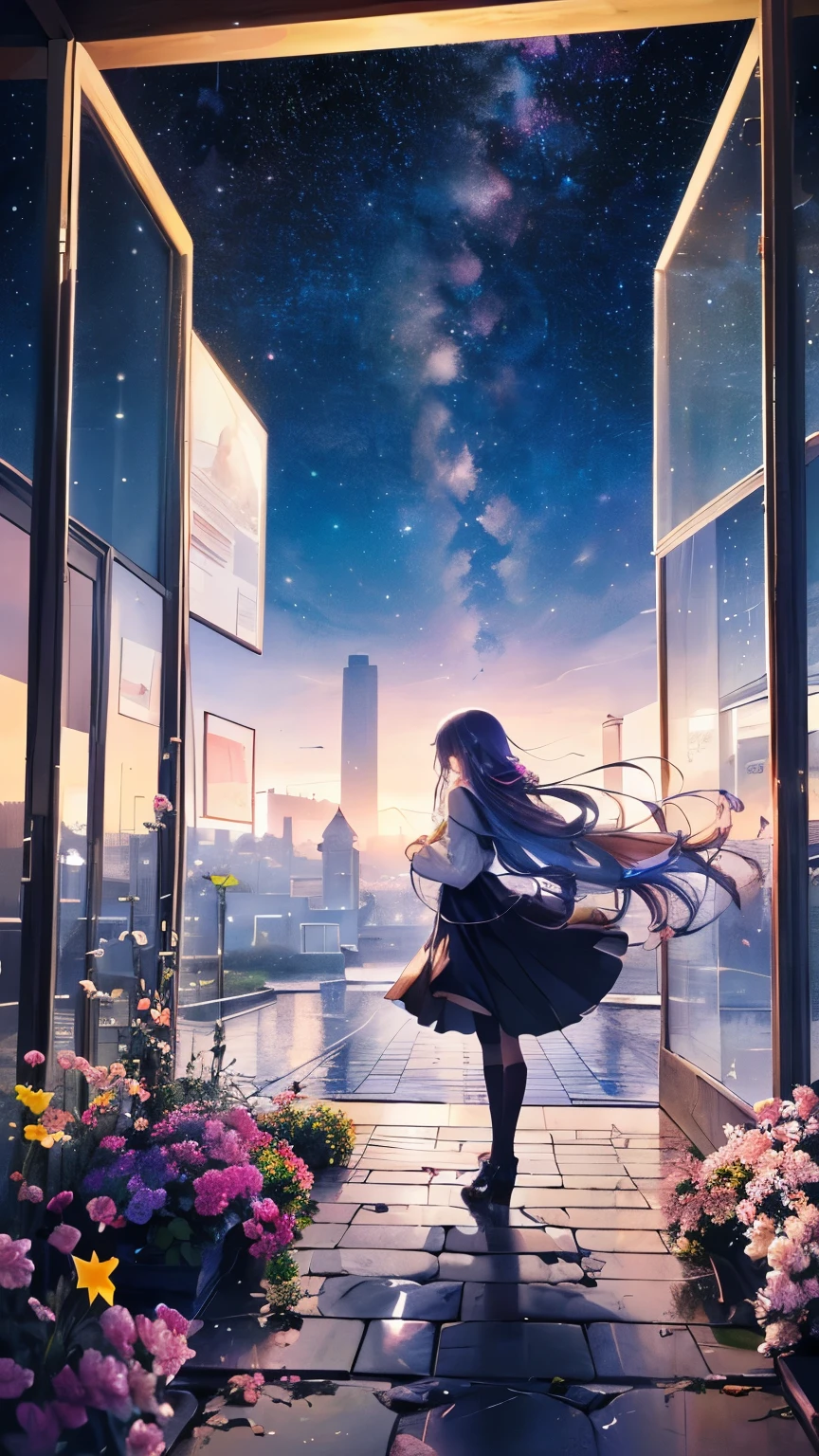 Anime girl walking out of a window with a long flowing hair - SeaArt AI