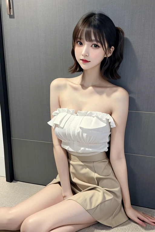 ((masterpiece, top quality)), 1 girl, (photorealistic: 1.4), solo, really snow-white background, black hair, short hair, absolute area, miniskirt, ((beauty, cute, 20 years old, bangs, little smile, white clothes, white outfit, white outfit, ears out, off-shoulder, sleeveless, eyelashes)), big breasts