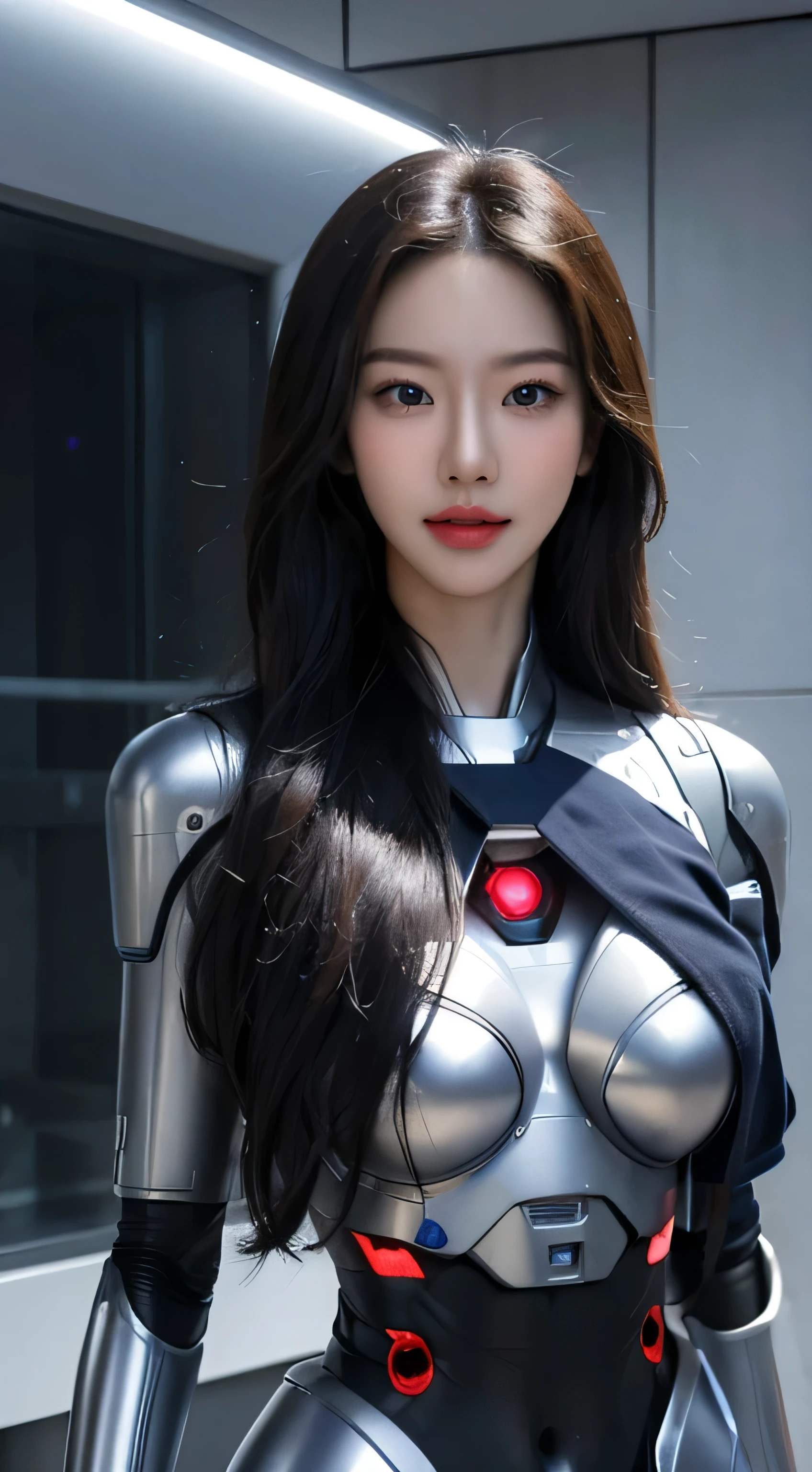 8K, RAW photos, Best quality, Masterpiece: 1.2),(best qualtiy，8K, Yes，32K，masterpiece，hyper HD：1.2) , 20 years old, Generate a highly detailed and realistic 4K description of a robot woman in a nurse’s uniform inside a hospital room, emphasizing every detail, from her attire to the surrounding environment, skinny body, perfect body, beautifull face, asian face, glowing skin, cyborg girl, deep blue eyes, nurse android robot, mechanical details, korean robot girl, robotic chest, add chest monitor, perfect blue eyes, control panels, korean android woman,perfect robot girl,long tube,thick cable connected her neck,android,robot,humanoid,cyborg,korean cyborg girl , medical-room,She is reprogramming now,hospital scene,chest monitor, android robot nurse