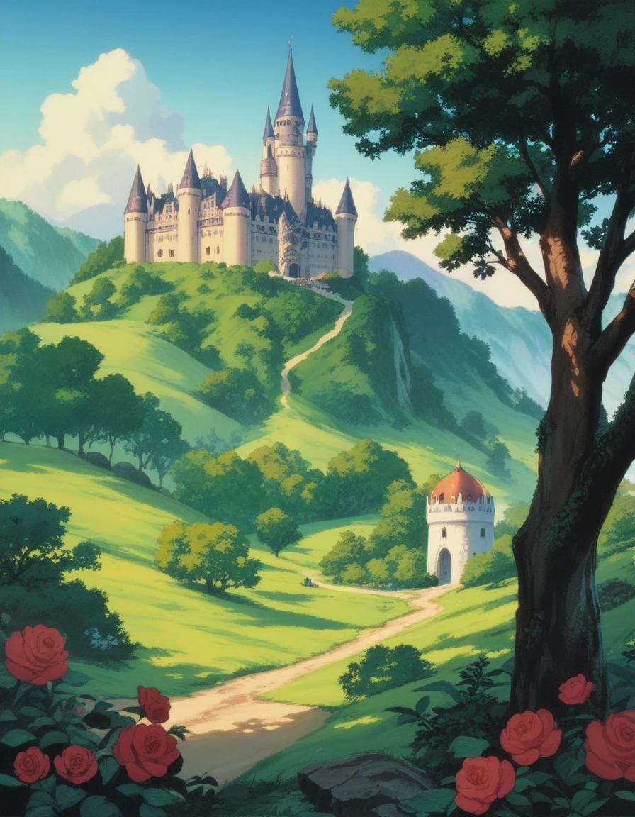 retro berserk style landscape, anime cartoon look, comic style, castle in the background with a big forest at the foot of the castle