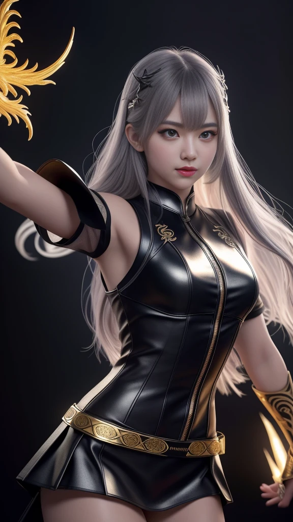 Series girl, A dynamic ninja girl in a white phoenix patterned gold ninja outfit, กางเกง, กระโปรง, ถุงน่อง, dynamic action pose, beautiful detailed eyes, beautiful detailed red lips, extremely detailed eyes and face, long eyelashes, detailed ninja outfit, intricate phoenix pattern, dramatic lighting, cinematic scene, dark moody color palette, chiaroscuro lighting, (best quality,4k,8k,highres,masterpiece:1.2),ultra-detailed,(realistic,photorealistic,photo-realistic:1.37),HDR,studio lighting,ultra-fine painting,sharp focus,physically-based rendering,extreme detail description,professional,vivid colors,bokeh,dark fantasy,action,cinematic