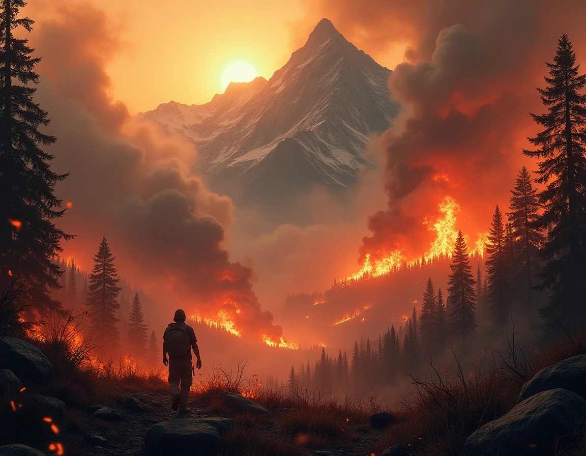 A rescue man at volcano mountain, hot atmosphere, detailed fire volcano, burning trees, smoke everywhere, shinny and glowing effects, bursted volcano mountain, dark moody background, octane rendered, 24K UHD graphics quality, masterpiece, best quality, ultra detailed
