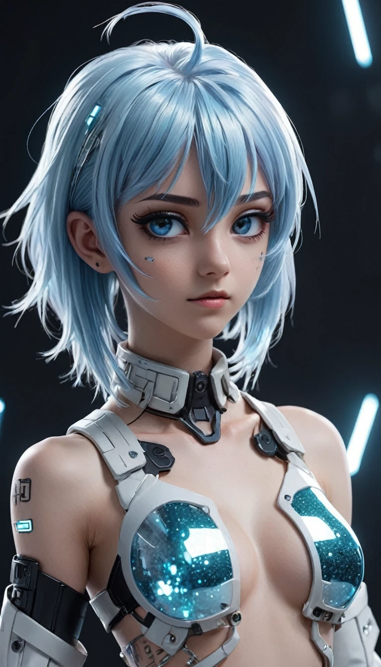 3d anime,future,cyberpunk,transparent,light blue hair,white,glitter,silver,3d anime,full body