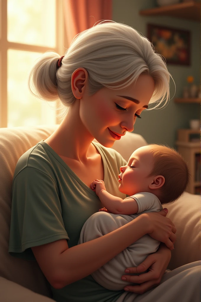 A woman with very short white hair, light brown skin and violet eyes, having dinner with a man who is wearing a black dress shirt and undefined arms, no beard and is a white man and holding a little baby 