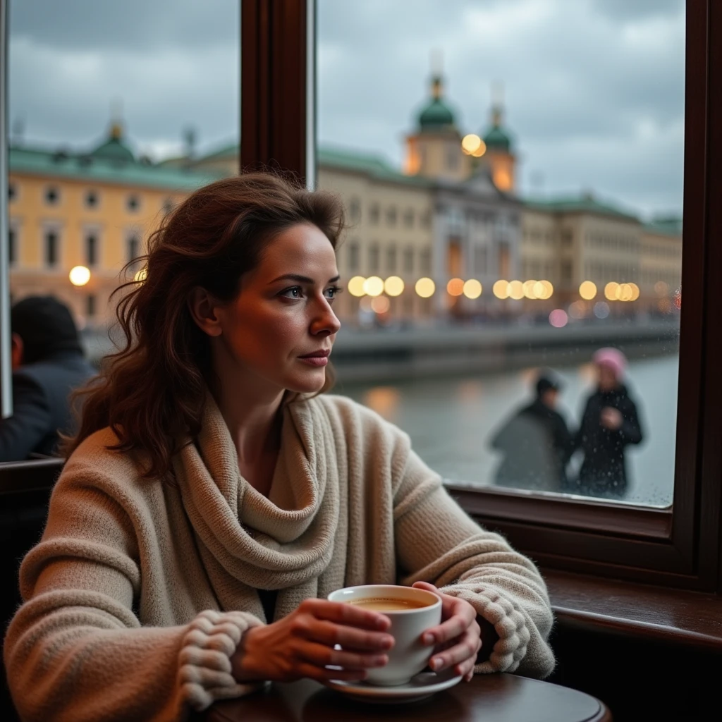 Photo of a middle-aged woman, around 45 years old, sitting in a cozy café in Saint Petersburg with a warm cup of coffee in her hands. She has fair skin, faint lines around her eyes and mouth, and wavy brown hair loosely tied back with a few strands framing her face. She’s dressed in a soft sweater and a light scarf, suitable for the cool city weather. Through the window behind her, iconic St. Petersburg architecture is visible under a cloudy sky, adding to the atmospheric charm of the setting. She gazes thoughtfully out the window, her expression calm and introspective, as if lost in her own world. The lighting is soft and natural, with a warm glow from the café’s ambient lights, creating a welcoming, relaxed vibe.