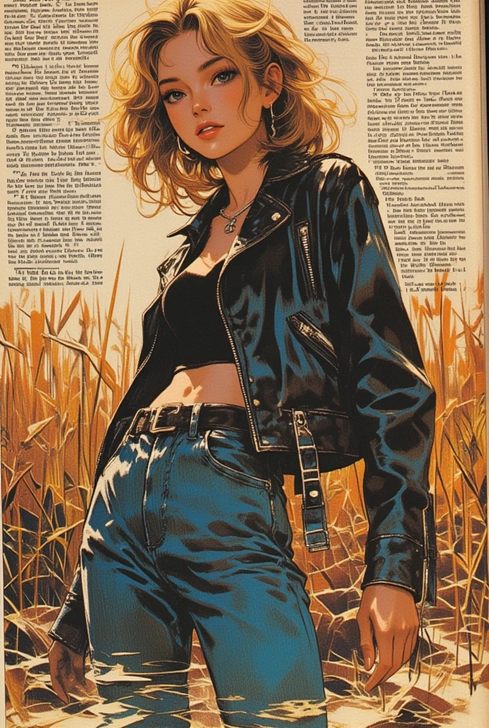 80s glamour magazine, article with text, advertisement, tight jeans and biker jacket, drowning in mud pit reeds, attention-grabbing, sensation, void background, sinking standing sinking, portrait, posing