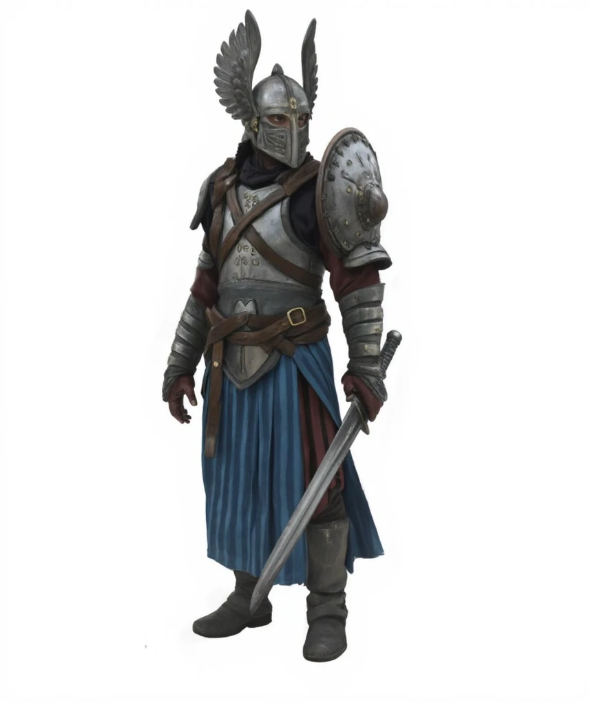 ((top-quality、8K、32K、masterpiece)), (superfine illustration)、( high resolution), (((Adults))), (((1man))),( a knight), (medieval), (a knight), ((a winged helmet, silver amor (a breastplate, pauldrons, vambraces, gauntlets, greaves and sabatons) over a vertically striped brigandine)), (a sword in his right hand and a round metallic shield in his off hand) , (realistic), (very detailed), (epic creation), (a medieval battlefield as background)
