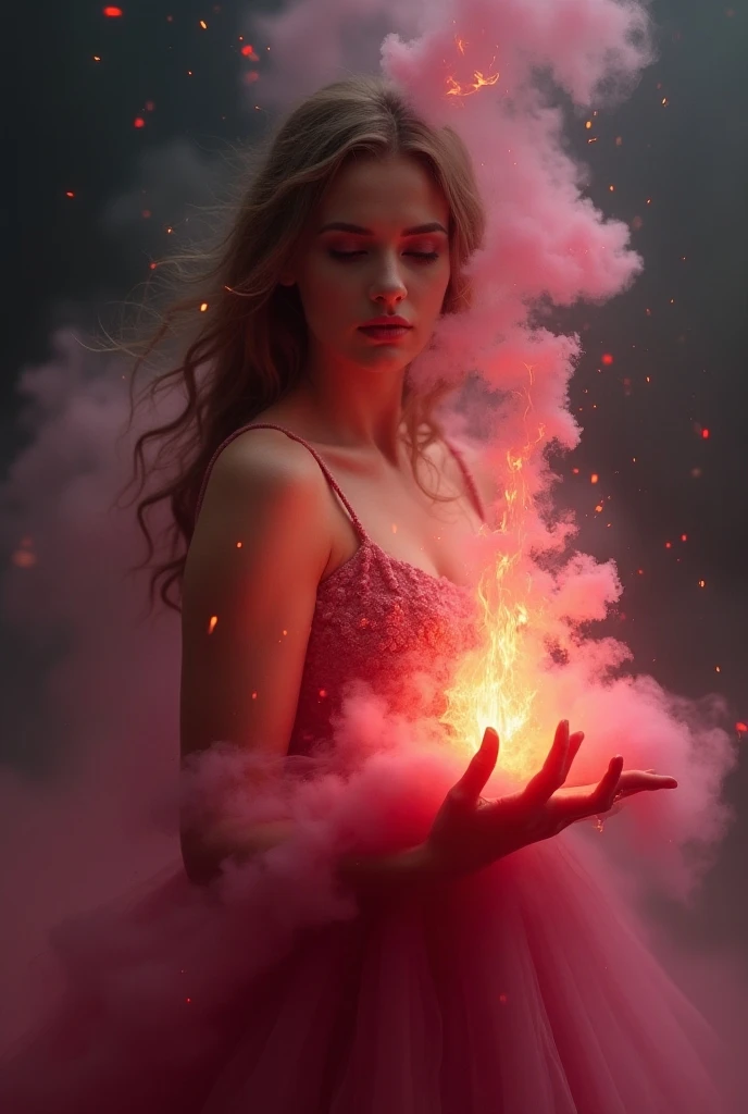 Detailed moment.Lady full in dress make frome dark smoke material, her eyes turn up,  pale skin, ((Main focus the Lady turn up her hand and from air in her hand fall burning rose)). Location  magical splash from destroying moon in air, epic effect of destroying moon on piesec, ((шедевр, высочайшего качества, Максимальное качество изображения, высокое разрешение, фотореалистичный, RAW-фото, чрезвычайно детальная объединенная 8k обоина CG))