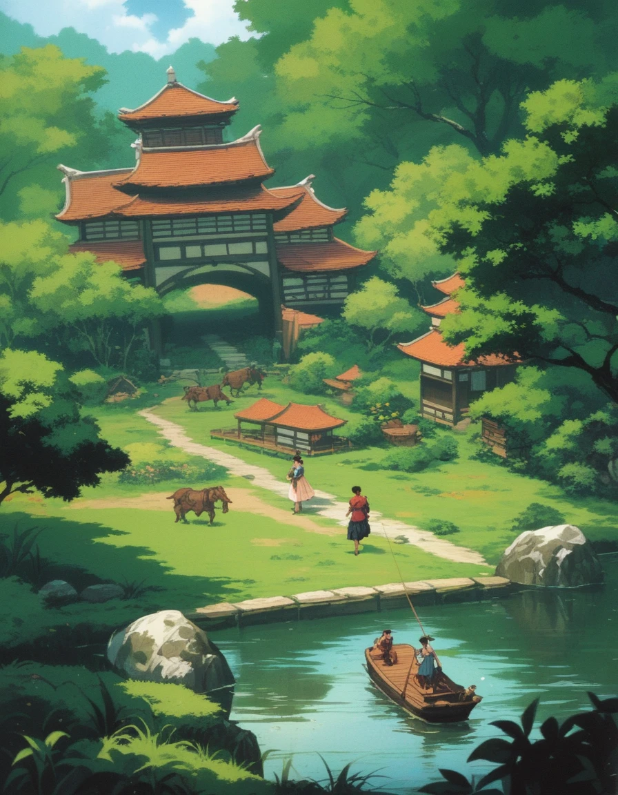 retro berserk style landscape, anime cartoon look, comic style, green overtone dark fantasy japanese village near a swamp,japanese 