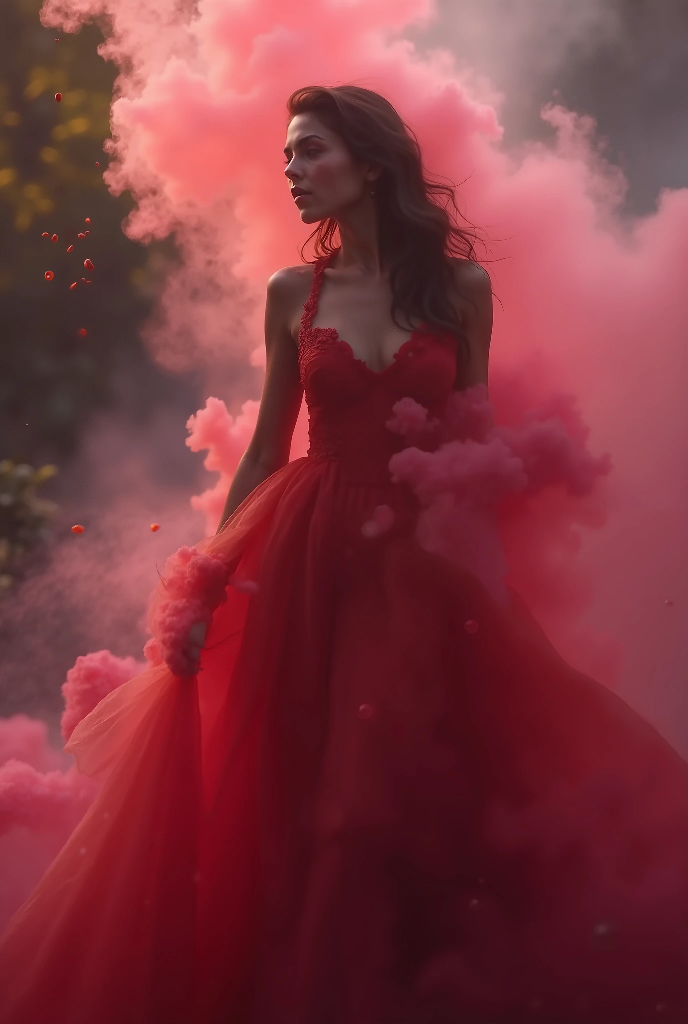 Detailed moment.Lady full in dress make frome dark smoke material, her eyes turn up,  pale skin, ((Main focus the Lady turn up her hand and from air in her hand fall burning rose)). Location  magical splash from destroying moon in air, epic effect of destroying moon on piesec, ((шедевр, высочайшего качества, Максимальное качество изображения, высокое разрешение, фотореалистичный, RAW-фото, чрезвычайно детальная объединенная 8k обоина CG))