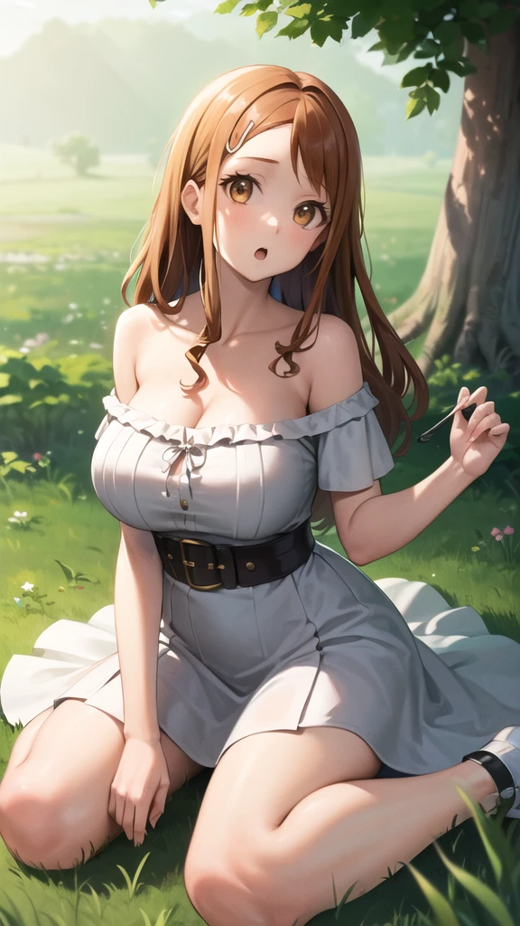 masterpiece, best quality, highres, 1girl, anjou naruko, hairclip, large breasts, white dress, off shoulder, belt, long hair, hair_down, :o, wariza, grass,