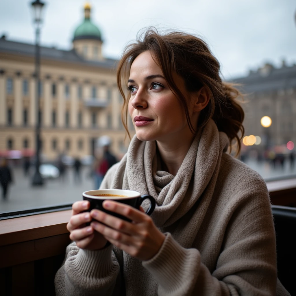 Photo of a middle-aged woman, around 45 years old, sitting in a cozy café in Saint Petersburg with a warm cup of coffee in her hands. She has fair skin, faint lines around her eyes and mouth, and wavy brown hair loosely tied back with a few strands framing her face. She’s dressed in a soft sweater and a light scarf, suitable for the cool city weather. Through the window behind her, iconic St. Petersburg architecture is visible under a cloudy sky, adding to the atmospheric charm of the setting. She gazes thoughtfully out the window, her expression calm and introspective, as if lost in her own world. The lighting is soft and natural, with a warm glow from the café’s ambient lights, creating a welcoming, relaxed vibe.