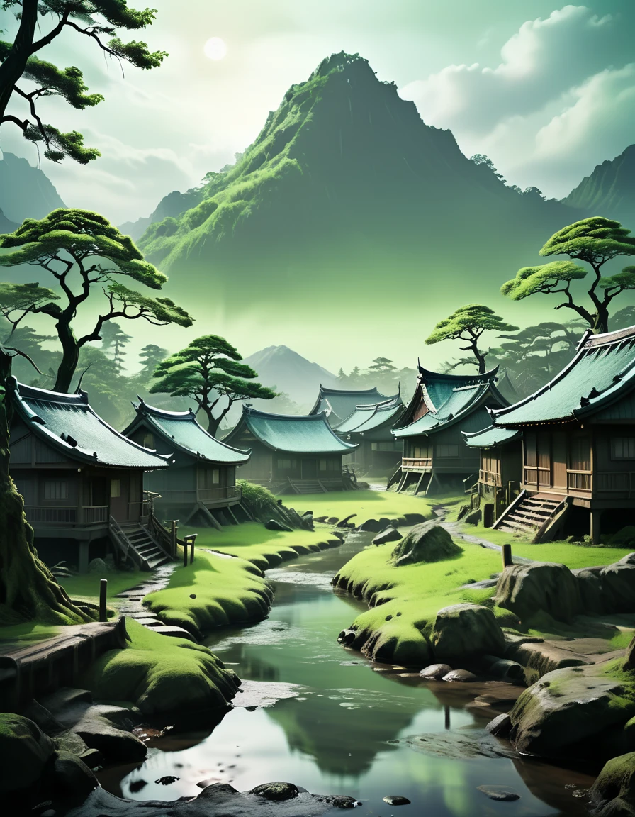 retro berserk style landscape, anime cartoon look, comic style, green overtone dark fantasy japanese village near a swamp,japanese