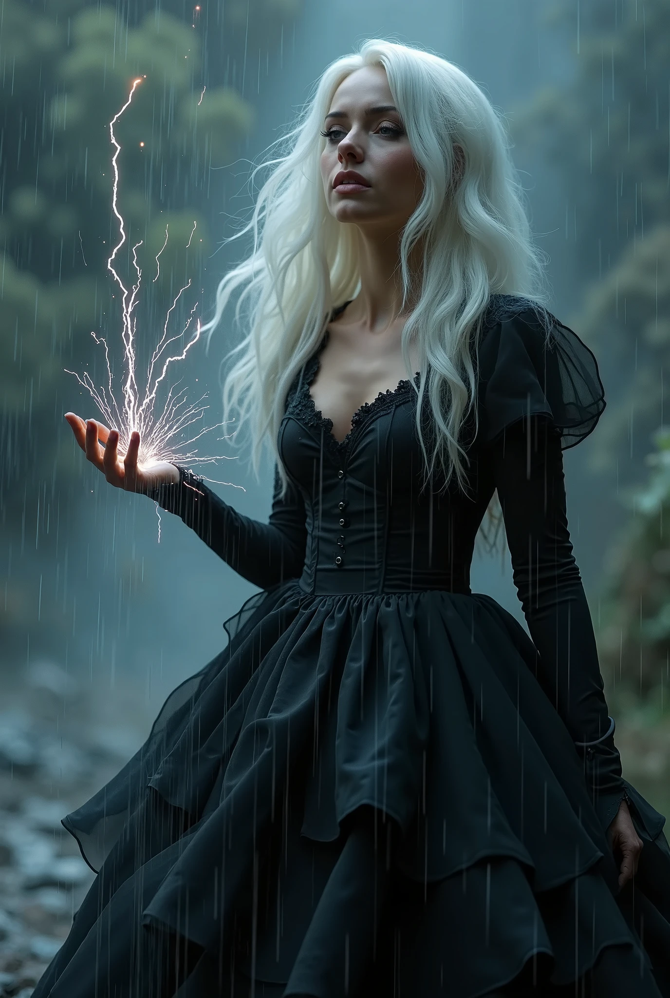 Detailed moment.Lady full in dress make frome dark smoke material, her eyes turn up,  pale skin, ((Main focus the Lady turn up her hand and from air in her hand fall burning rose)). Location  magical splash from destroying moon in air, epic effect of destroying moon on piesec, ((шедевр, высочайшего качества, Максимальное качество изображения, высокое разрешение, фотореалистичный, RAW-фото, чрезвычайно детальная объединенная 8k обоина CG))