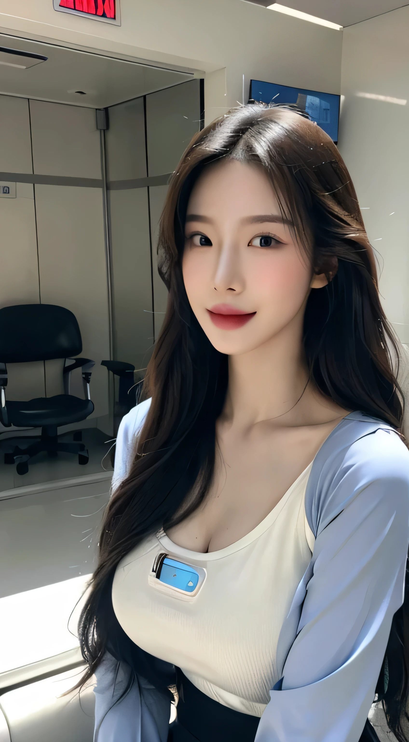 8K, RAW photos, Best quality, Masterpiece: 1.2),(best qualtiy，8K, Yes，32K，masterpiece，hyper HD：1.2) , 20 years old, Generate a highly detailed and realistic 4K description of a robot woman in a nurse’s uniform inside a hospital room, emphasizing every detail, from her attire to the surrounding environment, skinny body, perfect body, beautifull face, asian face, glowing skin, cyborg girl, deep blue eyes, nurse android robot, mechanical details, korean robot girl, robotic chest, add chest monitor, perfect blue eyes, control panels, korean android woman,perfect robot girl,long tube,thick cable connected her neck,android,robot,humanoid,cyborg,korean cyborg girl , medical-room,She is reprogramming now,hospital scene,chest monitor, android robot nurse