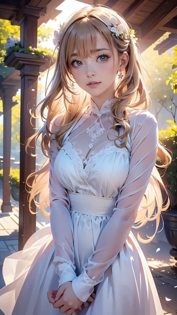 (​masterpiece),(top-quality:1.2),1girl in,(masuter piece:1.3),exquisitedetails, Highest quality 8K resolution, Ultra-detailed, Realistic, Vibrant colors, Soft tones, With warm and gentle lighting,(Melody Marks:1.3),(Pink Ruffled Ribbon Dress,) (short twin-tailed blonde hair:1.2),(Hair parted in the middle:1.3),(Glowing hair),(Dark blue eyes:1.3),White skin, hair clips,Overflowing soft and gentle feelings,(The promenade is full of flowers),The sun's rays illuminate joy and pure love, Warm golden glow,The atmosphere is full of happiness and laughter, As if celebrating love,Sticking to ultra-detailed depictions and vivid colors. In a style that blends romanticism and realism、You can feel the depth of love,color palettes,Create an ethereal atmosphere like a dream,and the lighting is soft and diffused, Shine a gentle light on your face,The artwork is a masterpiece,