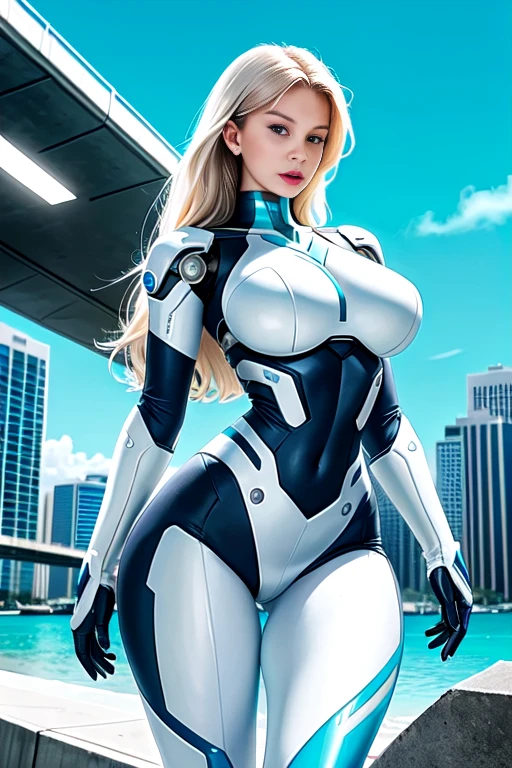 Amber Valletta , corpo perfeito, cabelo loiro curto cacheado bonito, cyber white lingerie, leather jacket white, looking at camera, detailed muscles realistic masterpiece, Pose ativa, action pose, luz LED |, Gold Parts, franja, cabelo curto, vista traseira, Costas,a noite na chuva neon, interstellar space background, Estilo cyberpunk