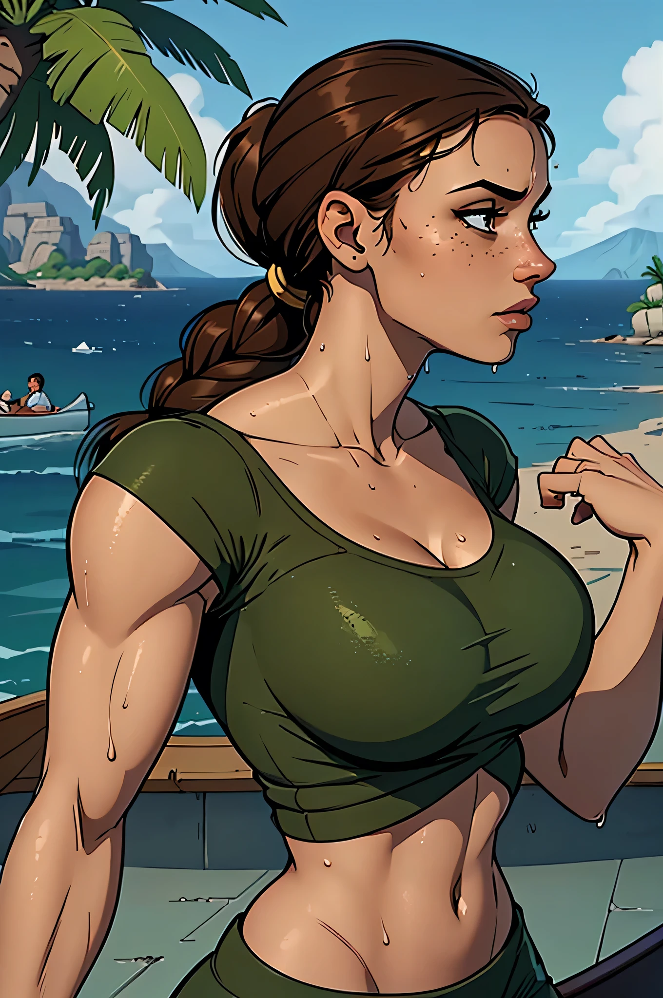 lara croft, crop top, mini shorts, athletic, pony tail, underboob, wet and wild, jungle river