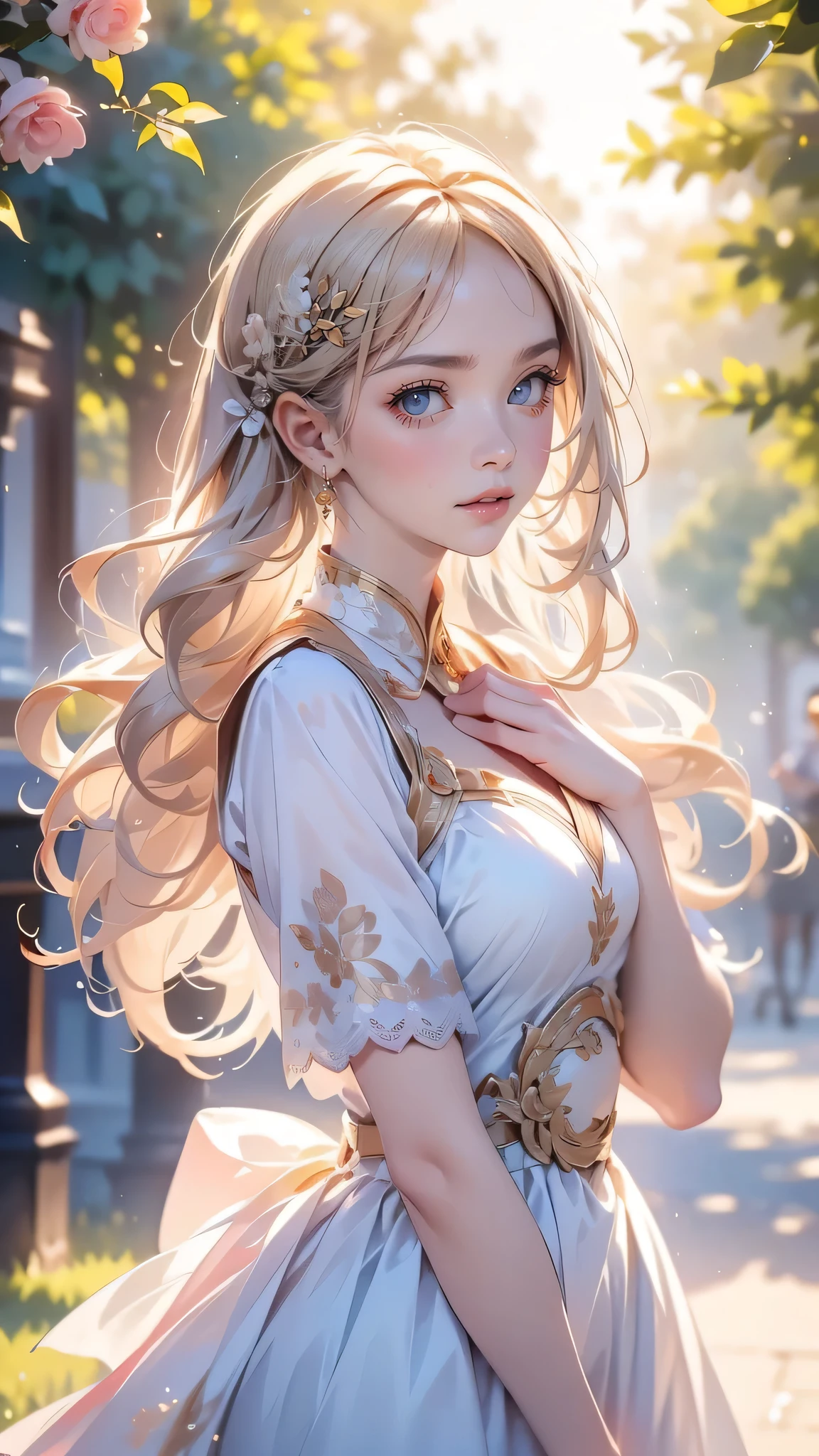 (​masterpiece),(top-quality:1.2),1girl in,(masuter piece:1.3),exquisitedetails, Highest quality 8K resolution, Ultra-detailed, Realistic, Vibrant colors, Soft tones, With warm and gentle lighting,(Melody Marks:1.3),(Pink Ruffled Ribbon Dress,) (short twin-tailed blonde hair:1.2),(Hair parted in the middle:1.3),(Glowing hair),(Dark blue eyes:1.3),White skin, hair clips,Overflowing soft and gentle feelings,(The promenade is full of flowers),The sun's rays illuminate joy and pure love, Warm golden glow,The atmosphere is full of happiness and laughter, As if celebrating love,Sticking to ultra-detailed depictions and vivid colors. In a style that blends romanticism and realism、You can feel the depth of love,color palettes,Create an ethereal atmosphere like a dream,and the lighting is soft and diffused, Shine a gentle light on your face,The artwork is a masterpiece,