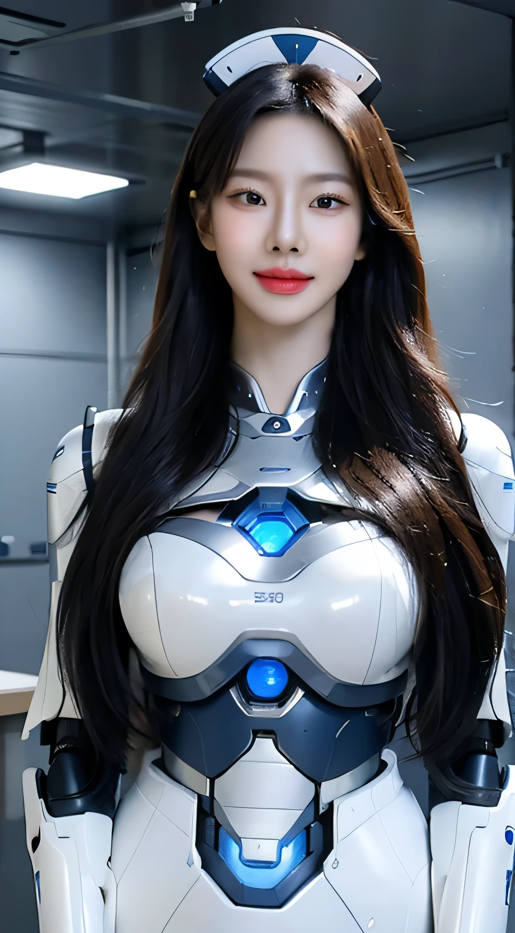 8K, RAW photos, Best quality, Masterpiece: 1.2),(best qualtiy，8K, Yes，32K，masterpiece，hyper HD：1.2) , 20 years old, Generate a highly detailed and realistic 4K description of a robot woman in a nurse’s uniform inside a hospital room, emphasizing every detail, from her attire to the surrounding environment, skinny body, perfect body, beautifull face, asian face, glowing skin, cyborg girl, deep blue eyes, nurse android robot, mechanical details, korean robot girl, robotic chest, add chest monitor, perfect blue eyes, control panels, korean android woman,perfect robot girl,long tube,thick cable connected her neck,android,robot,humanoid,cyborg,korean cyborg girl , medical-room,She is reprogramming now,hospital scene,chest monitor, android robot nurse