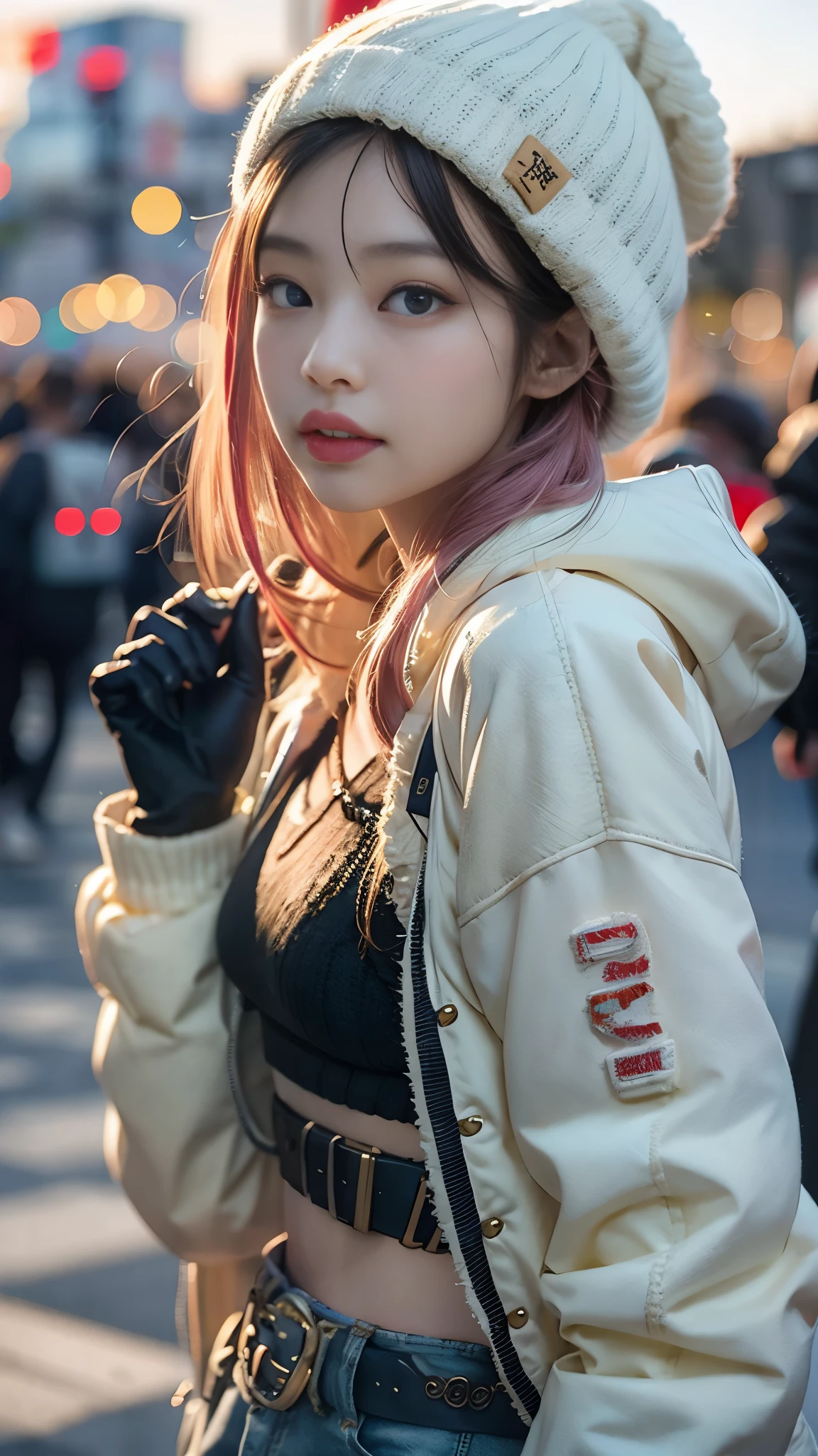 wearing adidas big black track jacket, wearing big cargo pants, kawaii, Bewitching eyes, well-balanced eyes, //street snap // ((facing viewer)), //at the street, //japanese lady, pale skin, //white hair, //((standing)), high quality:1.3, Professional lighting:2.0 realistic:1.2, 4k resolution, detailed skin, masterpiece:1.1, big breasts, fullbody, cleavage, 