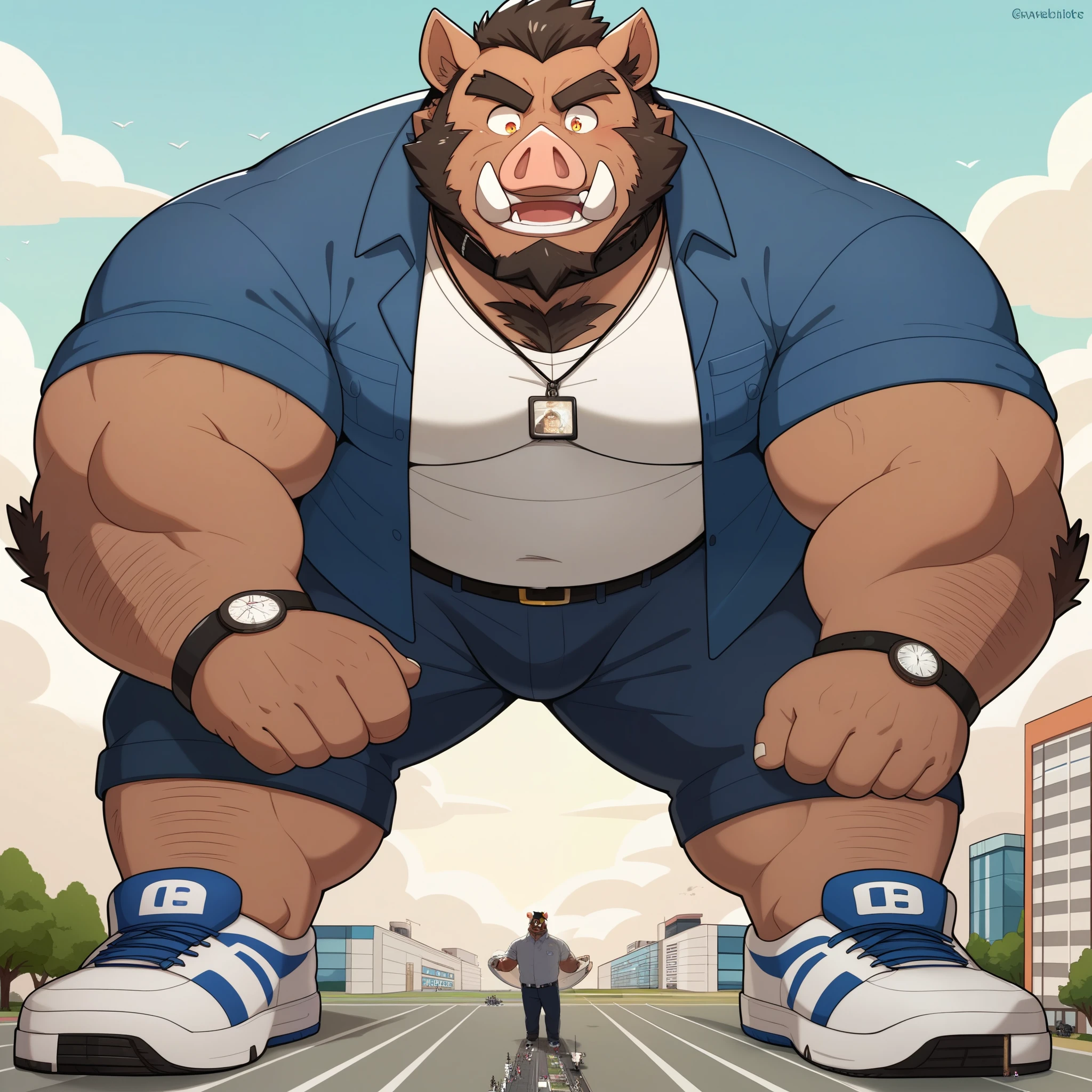 gekrakeltes wild boar-Gesicht,Humanity (wild boar),pummelig,( wear black eyebrows :1.1),(perfect eyes),Light brown fur ,(artist:takemoto arashi),(collar:1.3), standing, sneakers,( Black beard :1.3),(Civilian clothes:1.3,) wild boar,(Massiv:3.0, ( heavyweight ,stark,Macro, Emphasize )), background (( University campus )),