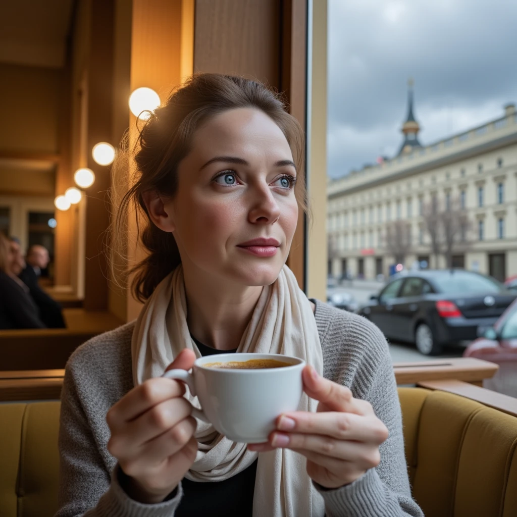 Photo of a middle-aged woman, around 45 years old, sitting in a cozy café in Saint Petersburg with a warm cup of coffee in her hands. She has fair skin, faint lines around her eyes and mouth, and wavy brown hair loosely tied back with a few strands framing her face. She’s dressed in a soft sweater and a light scarf, suitable for the cool city weather. Through the window behind her, iconic St. Petersburg architecture is visible under a cloudy sky, adding to the atmospheric charm of the setting. She gazes thoughtfully out the window, her expression calm and introspective, as if lost in her own world. The lighting is soft and natural, with a warm glow from the café’s ambient lights, creating a welcoming, relaxed vibe.