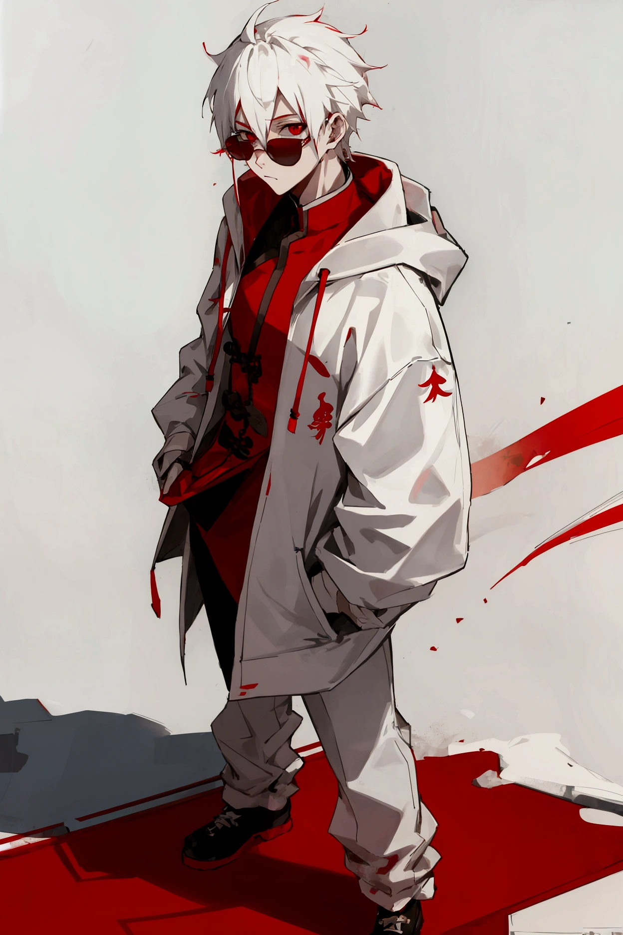 Anime style, man, coat, hooded, without showing face, bloodstained cyst from above