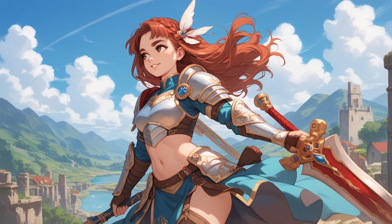 AloyHorizon, solo, long hair, smile, brown hair, hair ornament, navel, brown eyes, weapon, braid, outdoors, parted lips, sky, day, midriff, red hair, from behind, armor, blue sky, lips, looking away, thick eyebrows, shoulder armor, freckles, showing big ass, half naked. 