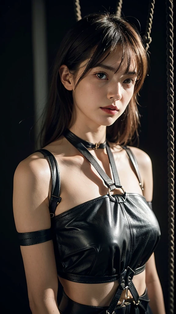 highest quality, masterpiece, (Original photo, Professional photography, photoRealistic, Realistic:1.3), Highly Detailed CG 16K Unity Wallpaper, (Best aesthetics, Natural light:1.1), Ultra-high resolution, (Correct Anatomy:1.5), ((Highly detailed skin texture:1.1)), ((from the front:1.3)), 1 girl, Wearing shabby clothey clothes are in tatters、Big Breasts、Wide Hips、Japanese women, alone, View Viewer, Cowboy Shot, (whole body), (), (19 years old:1.1), (Looks younger than his actual age:1.3), Brown Hair, Pretty detailed skin, Dark Eyes, ((thin目:1.4)), Detailed nose, beautiful唇,beautiful:1.3), ((1.5)), ((a bit, thin:1.4)), ((beautiful胸:1.2)), (((Put your arms behind your back, Suppressed, shibari, Bind the body with chains:1.5))), (((Standing:1.4))), (((indoor, Enemy Base, dark, :1.2)))、A large metal chastity belt