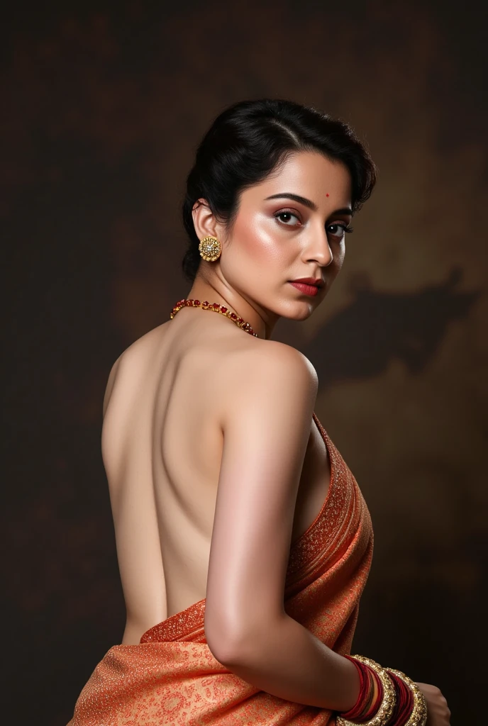 a beautiful woman in a saree, bare back, topless, detailed portrait, highly detailed face, detailed eyes, realistic, photorealistic, 8k, cinematic lighting, bright color tones, glowing skin, intricate fabric details, elegant pose, dramatic shadows, golden jewelry, mystical atmosphere, busty naked , Pooja 