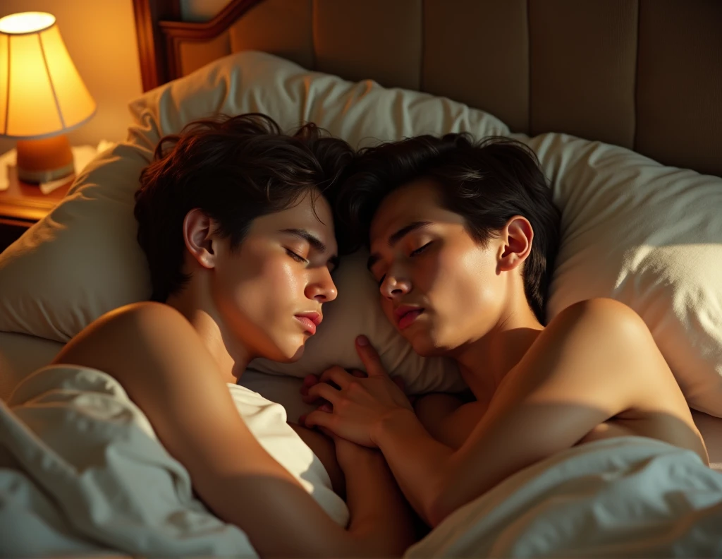 (Closeup selfie), (one man and one woman laying in bed next to each other), (head resting on a pillow: 1.3) (messy curly hair:1.3), masculine, handsome, defined eyes, freckles, smile, sleepy, early morning, warm sunlight coming through the window, depth of field, blurry background, bright image