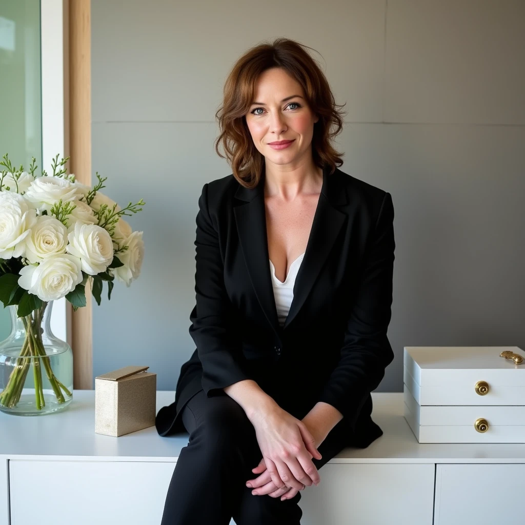 Photo of a middle-aged woman, around 45 years old, sitting confidently on a white cabinet in a modern, elegant space. She has fair skin with faint lines around her eyes and mouth, adding warmth and character to her gentle expression. Her wavy brown hair is loosely tied back, with a few soft strands framing her face, giving her a relaxed, approachable look. She is dressed in a sleek black blazer and dark pants, exuding a sophisticated, professional style. Around her, there’s a vase of fresh white flowers and a few decorative boxes, with soft natural light from nearby windows highlighting her features and adding a calm, polished atmosphere to the scene.