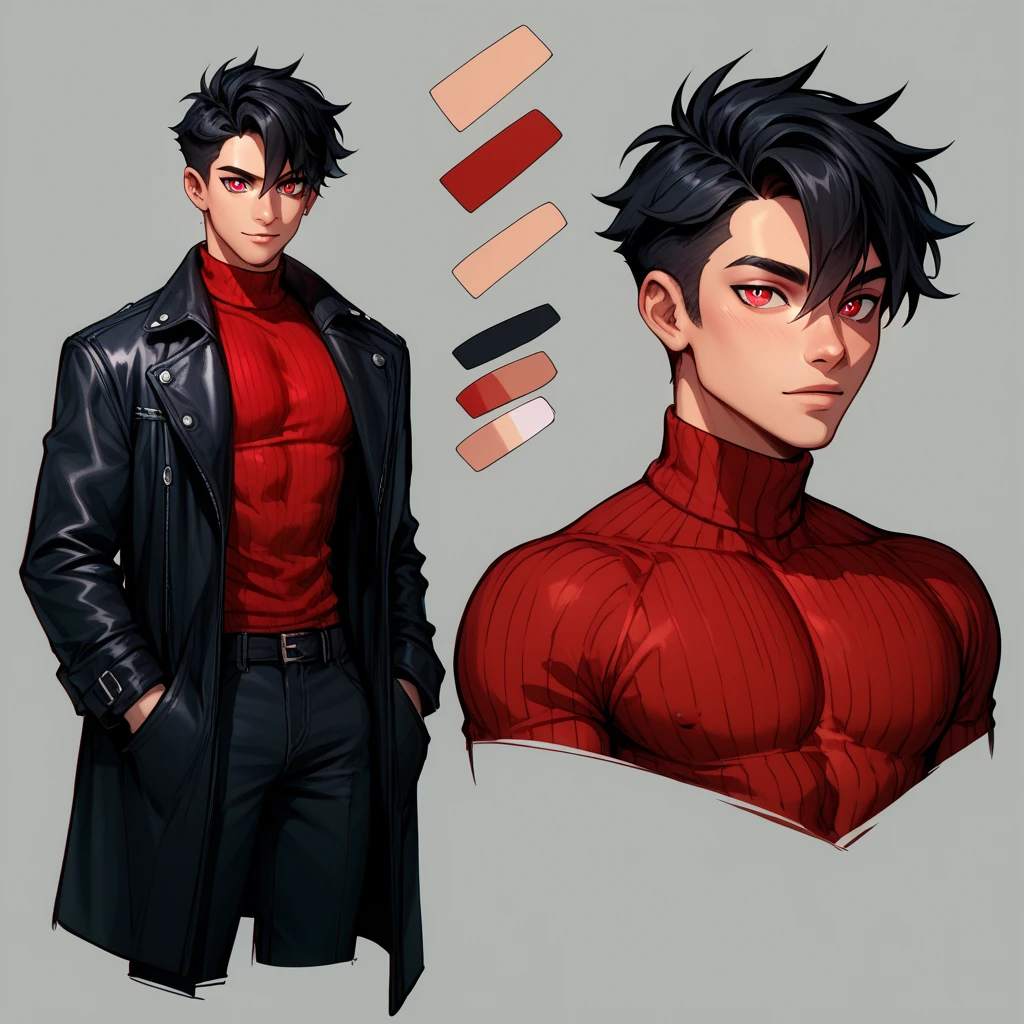 Human Male Innocent , Black hair  , Red Sweater , Black Coat  ,Adolescent , red pupils  , simple background,character sheet , 