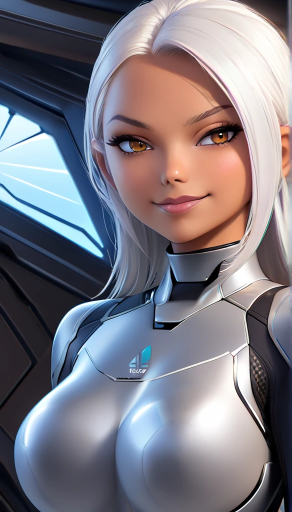 Woman tanned in a high neck sci-fi  wetsuit. Armored steel chest peice. Bigger breast. White sliver hair.She has a seductive expression with a smirk.. She is inside a futuristic star ship hull.  