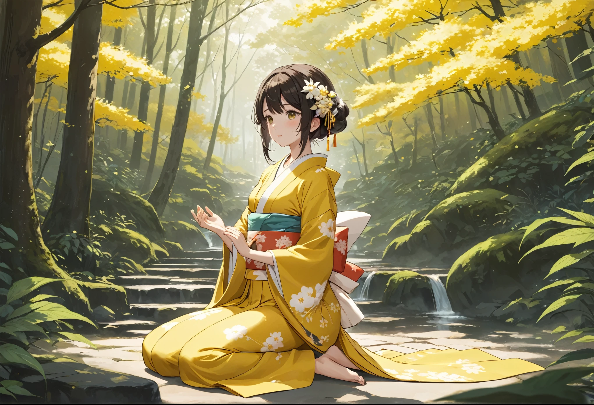 official art, unity 8k wallpaper, ultra detailed, beautiful and aesthetic, masterpiece, best quality,1girl,full body,skills_pose, meditation pose1, kimono clothes yellow and little white, forest japan background 