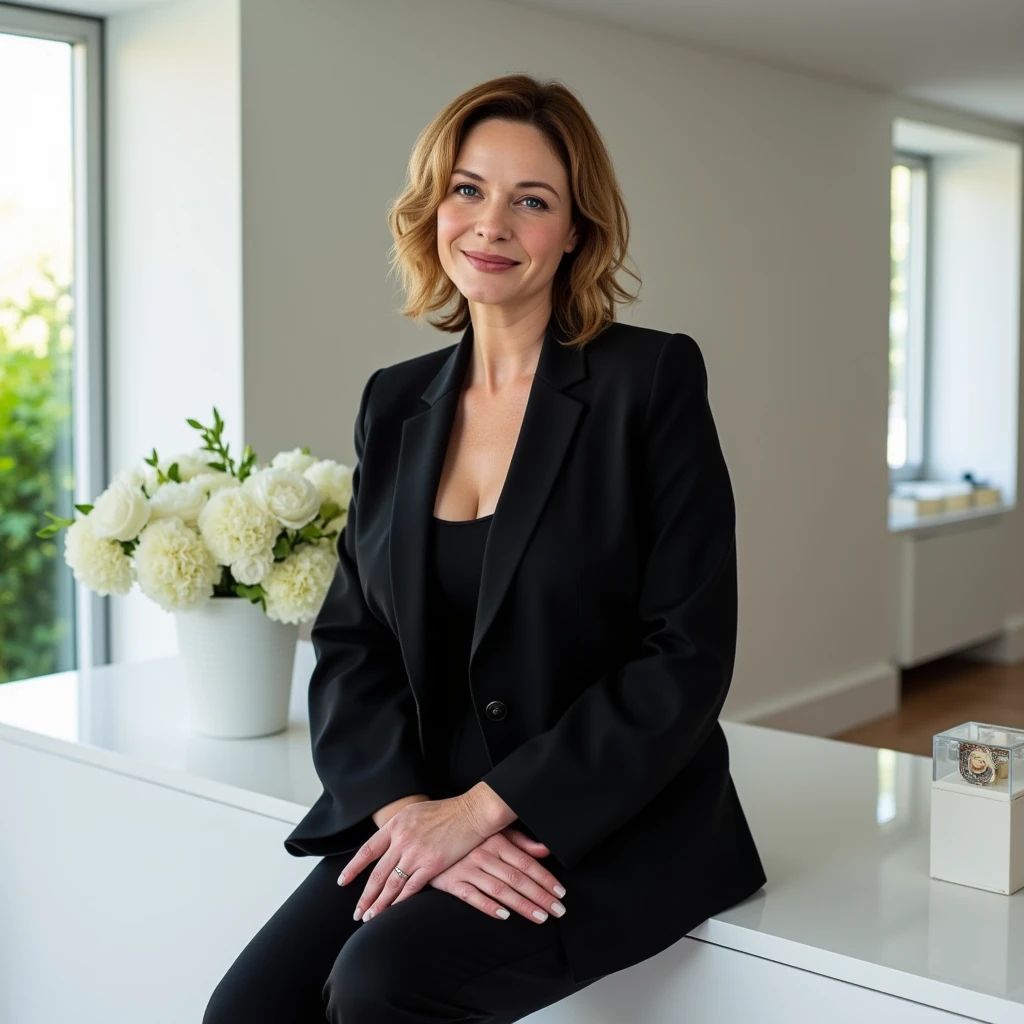 Photo of a middle-aged woman, around 45 years old, sitting confidently on a white cabinet in a modern, elegant space. She has fair skin with faint lines around her eyes and mouth, adding warmth and character to her gentle expression. Her wavy brown hair is loosely tied back, with a few soft strands framing her face, giving her a relaxed, approachable look. She is dressed in a sleek black blazer and dark pants, exuding a sophisticated, professional style. Around her, there’s a vase of fresh white flowers and a few decorative boxes, with soft natural light from nearby windows highlighting her features and adding a calm, polished atmosphere to the scene.