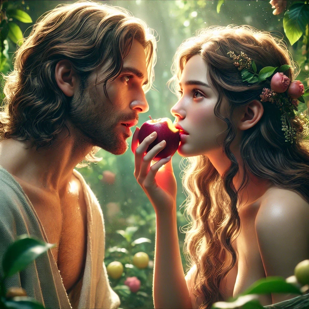 A man and a woman looking at each other in a forest the man has a snake wrapped around his neck and the woman is holding an apple both are naked image only from the neck up