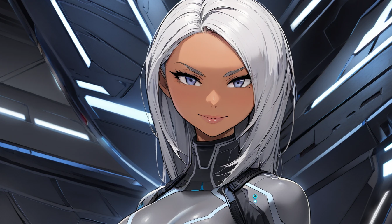 Woman tanned in a high neck sci-fi  wetsuit. Armored steel chest peice. Bigger breast. White sliver hair.She has a seductive expression with a smirk.. She is inside a futuristic star ship hull.  