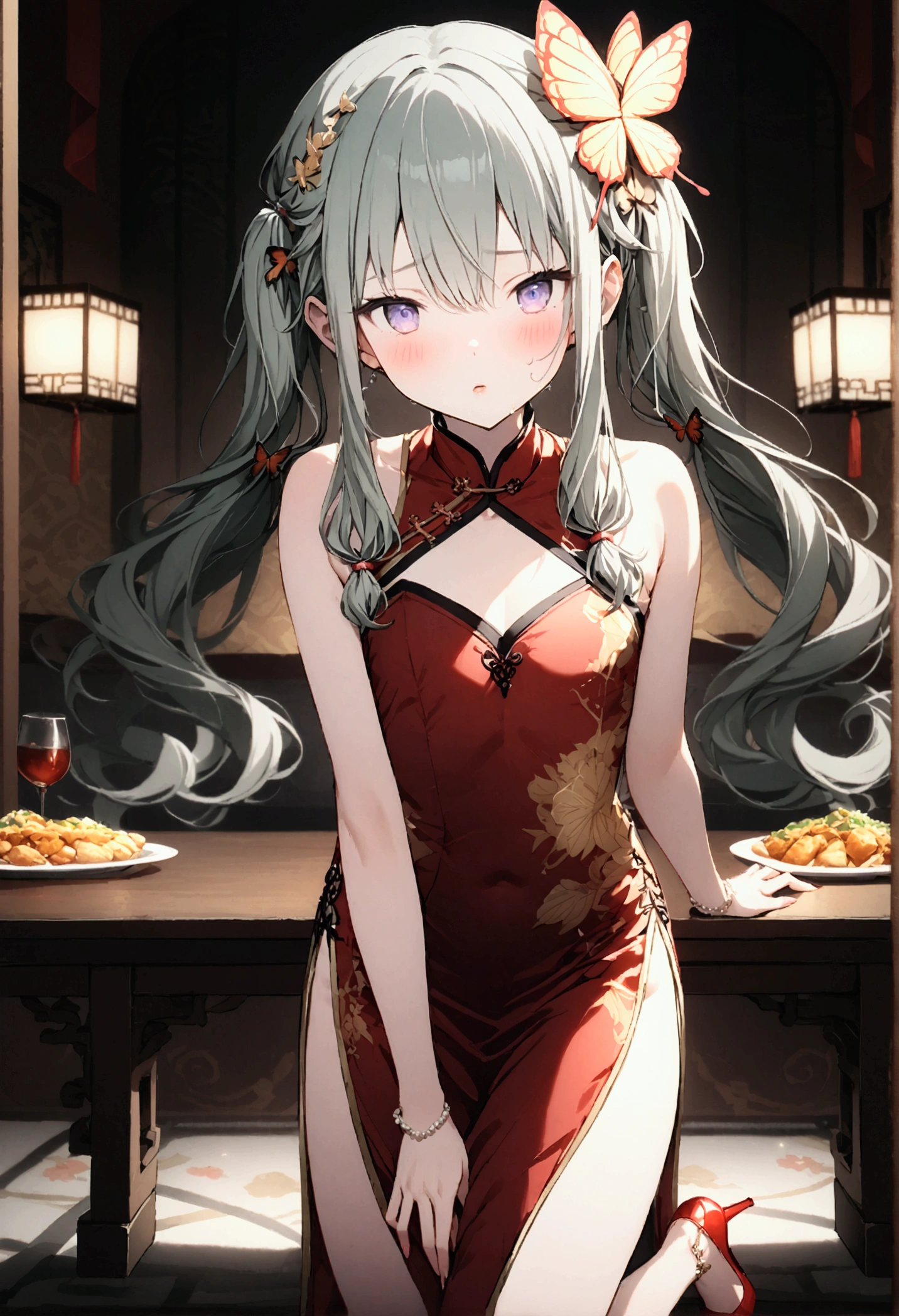 High image quality 、masterpiece、  High Quality 、Full HD、4K 、Kusanagi Nin々、Long hair 、Butterfly Hair Ornament、 twin tails、Purple Eyes、slim、 green china dress、blush、 makes your cheeks red、Red blush on cheeks、 shy 、 flat chest、 sexy latino 、 high heels、Chinese table 、Chinese Restaurant